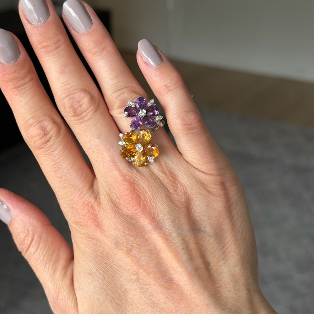 Purple and Yellow Amethyst and Diamonds Floral Ring